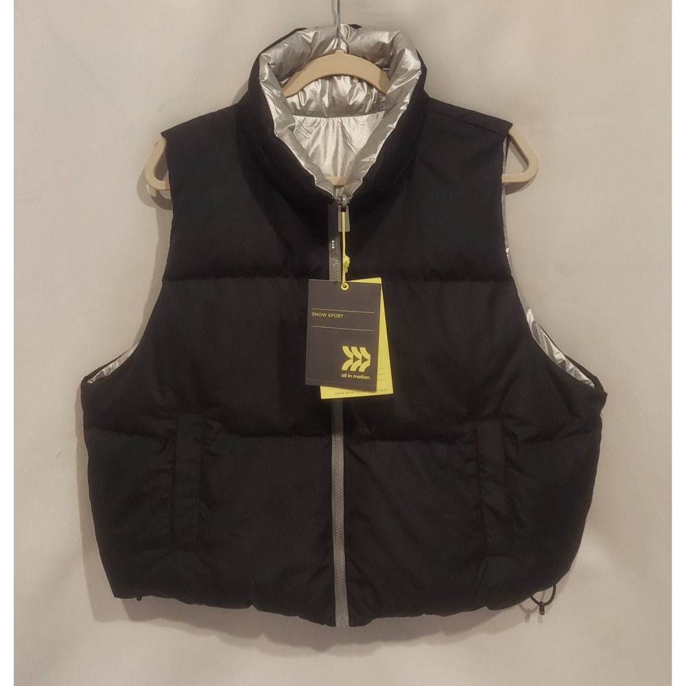 All In Motion Womens Black Silver Reversible Snow Sport Short Puffer Vest XL NWT